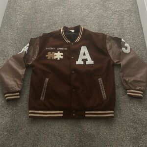 brown varsity jacket